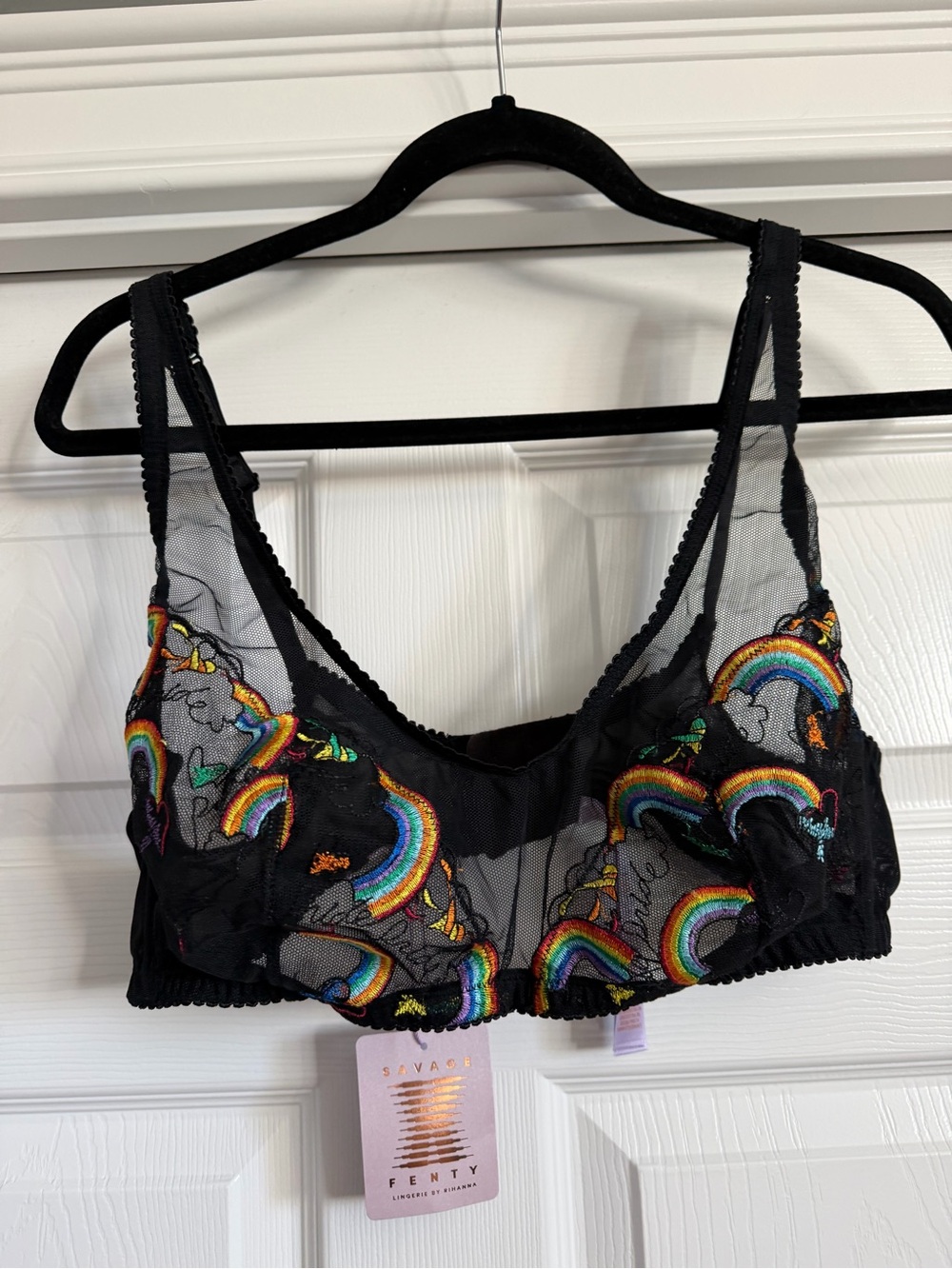 Savage X Fenty Black Mesh Bralette with Rainbow Embroidery